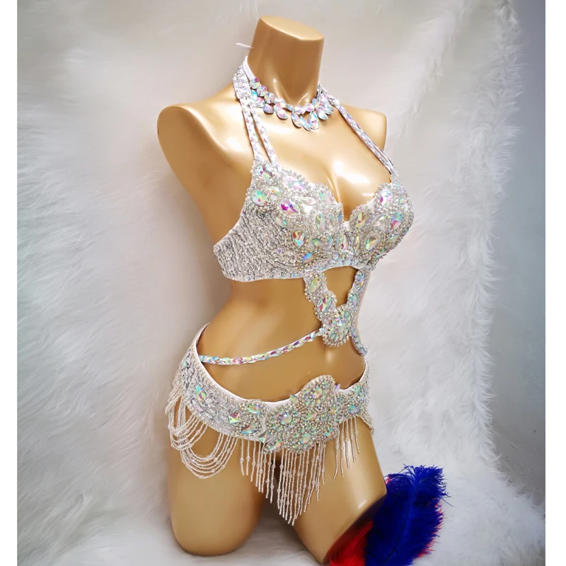 Horké prodej dámská korálkový broušené sklo břišního tančit kostým nést bra+belt+necklace 3pc sada sexy bellydancing oblek bellydance oblečení