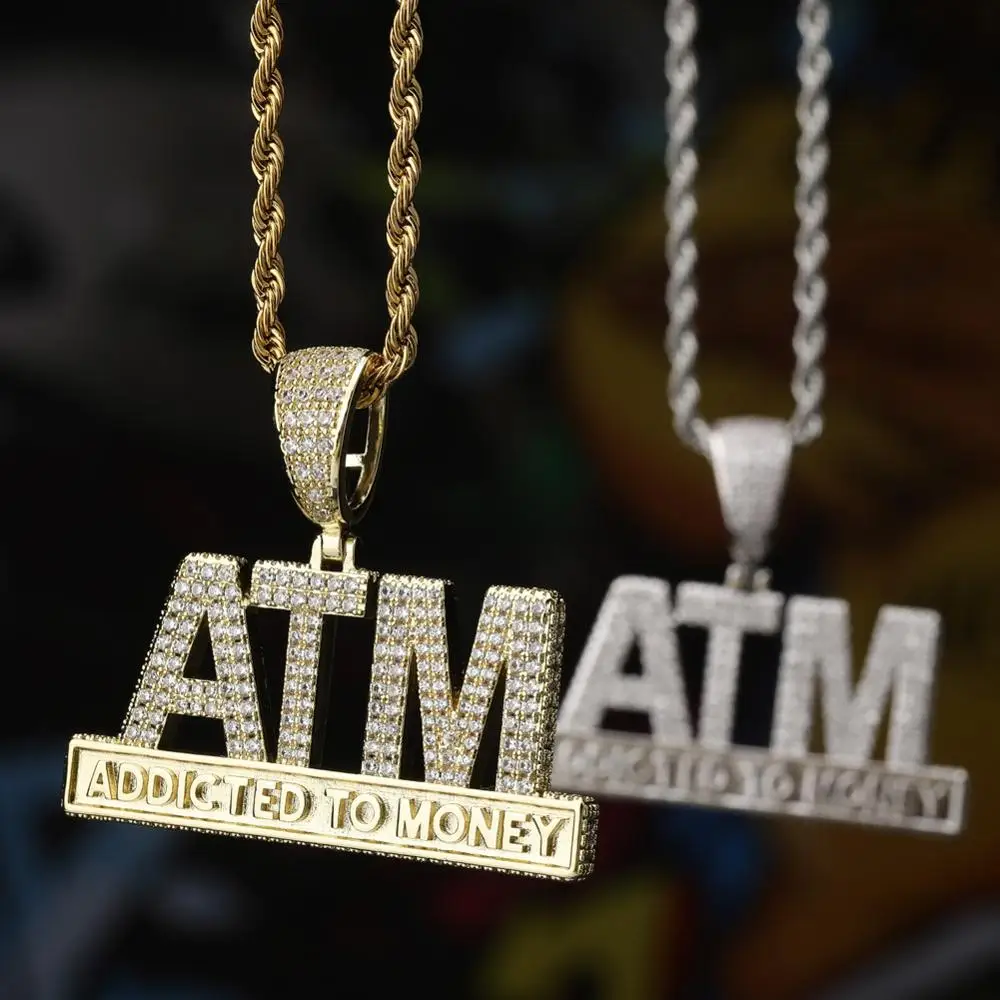 Hip Hop Micro Pave AAA+ Cubic Zirconia Bling Iced Out Addicted To Money ATM Pendants Necklace for Men Rapper Jewelry Gold Color