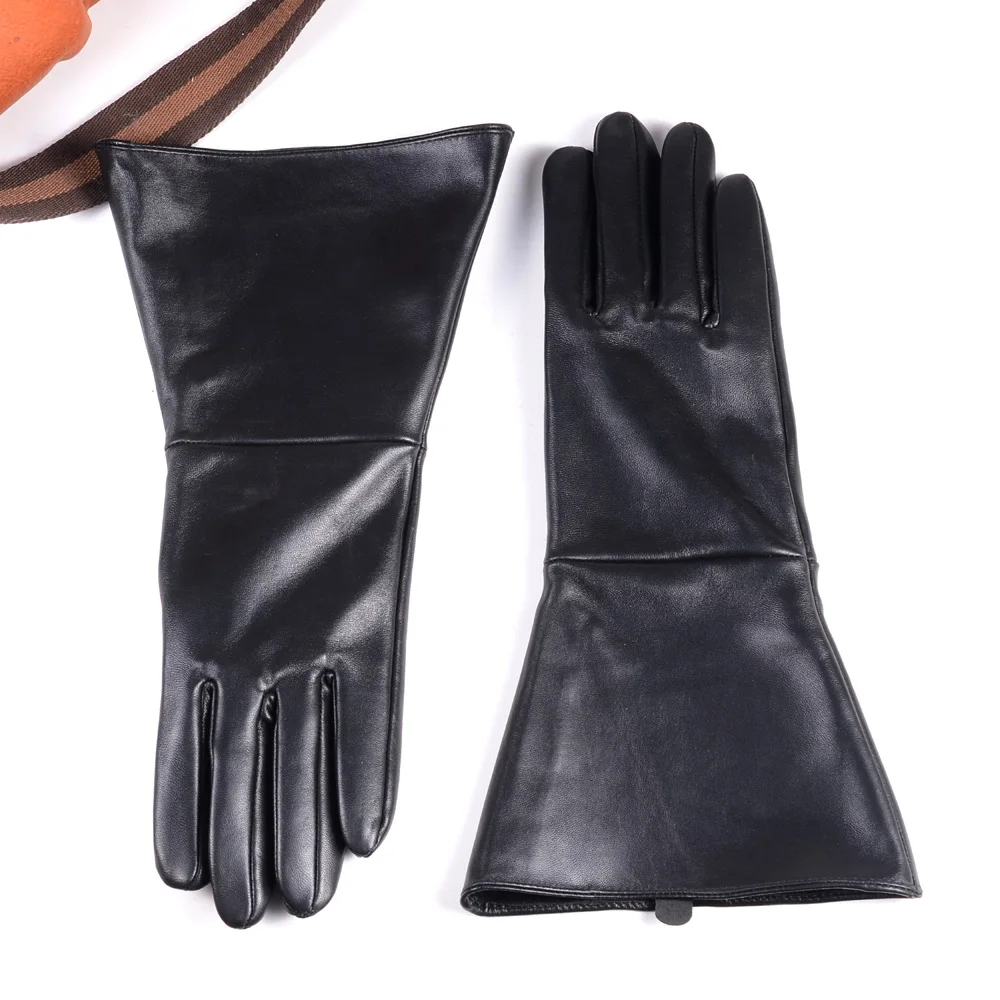 Stylish Men Long Gloves Male Genuine Leather Retro First Layer Sheepskin Bell Mouth Punk Mitten Party Show Play Warm 35cm Luvas