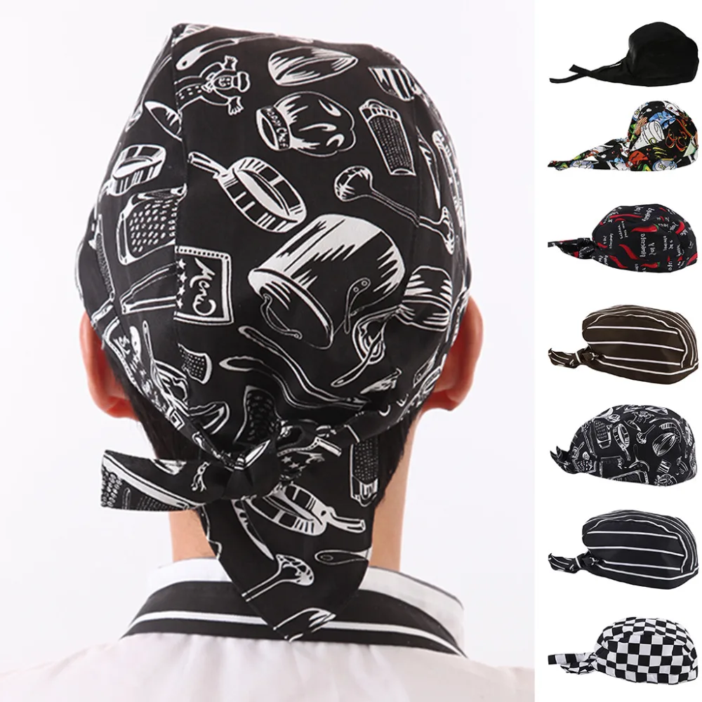Unisex Chef Kitchen Chef Hat Cooker Headwrap Hat Chef Tie Back Kitchen Catering Cotton Pirate Hat Bandana Hat
