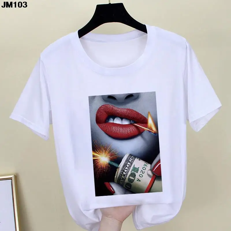 Harajuku Women's Printed Tshirt Casual T Shirt Fashion Graphic T-shirt Woman Clothing Lips Makeup Art Summer Cute Female Top Tee