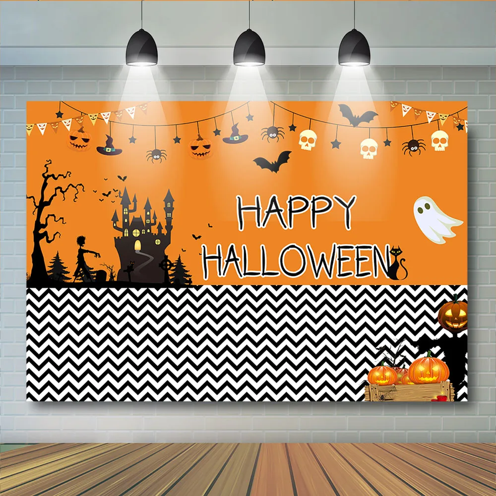 

Halloween Birthday Party Background Baby Shower Ghost Pumpkin Backdrops Old Trees Castle Bats Skull Photobooth Photocall