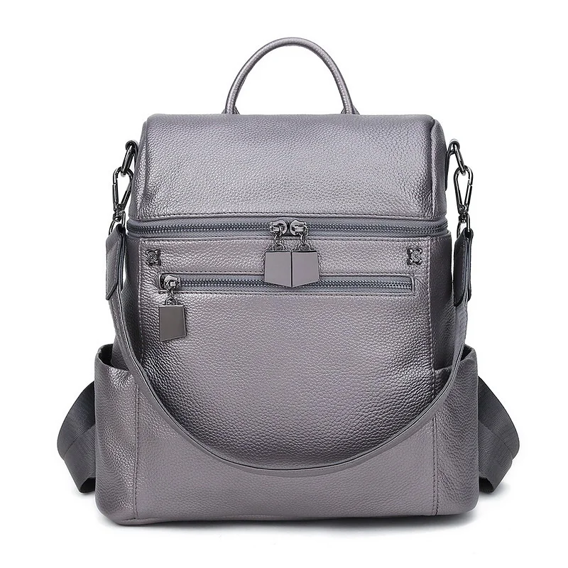 100% Original Top Genuine Leather Women Multifunctional backpacks First Layer Cowhide Girl Female Silver White Rucksack Mochila