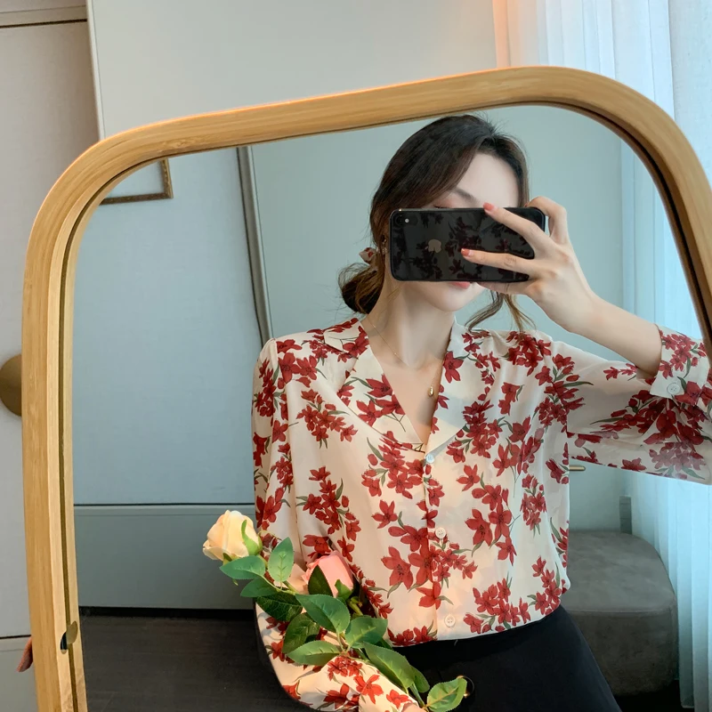 2020 Musim Gugur Cardigan Kemeja Kerah Kemeja Lengan Panjang Fashion Longgar Chiffon Kemeja Atas Blus Floral Bunga Atasan