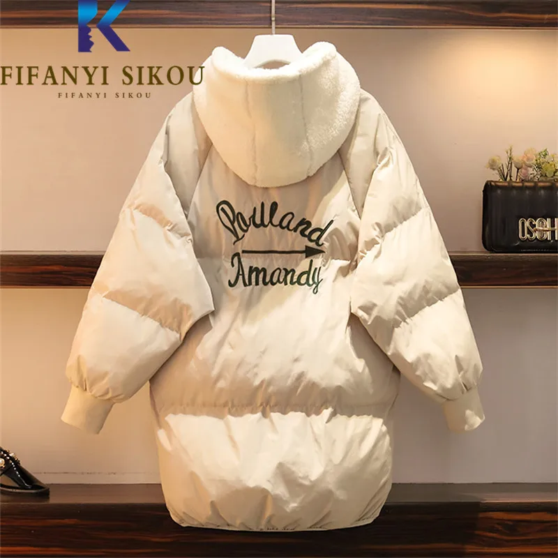 

Long Parka Women Casual Winter Jacket Letter Embroidery Fashion Zipper Hooded Down Jacket Thick Warm Loose Cotton Coat Female