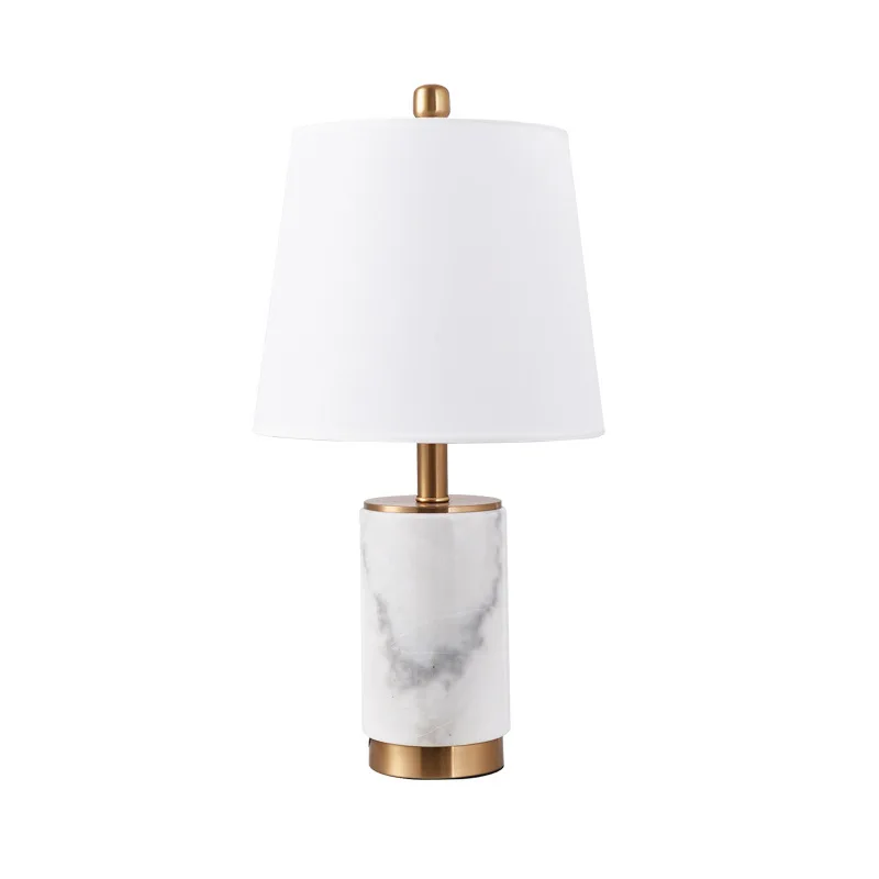 Nordic Cylindrical Mable Stone Base with Golden Iron Rack E27 LED White Fabric Shade Table Lamp Button Switch EU Plug in Type