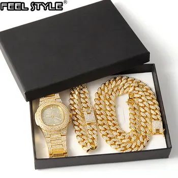 Necklace+Watch+Bracelet Hip Hop Miami Curb Cuban Chain Gold Plated Full Iced Out Paved Rhinestones CZ Bling For Men Jewelry