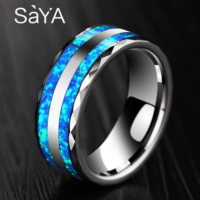 

New Luxury Jewelry 8mm Width Tungsten Knuckle Ring for Wedding inlay Two Pcs Synthetic Blue Opal for Woman Man Comfort Fit 7-11