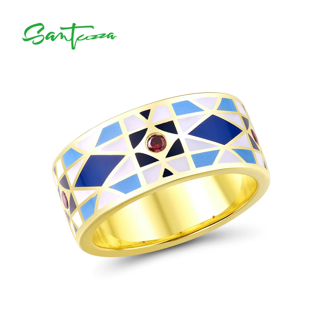 SANTUZZA  Authentic 925 Sterling Silver Rings For Women Garnet Cubic Zirconia Blue Rhombus Enamel Fashion Fine Jewelry Handmade