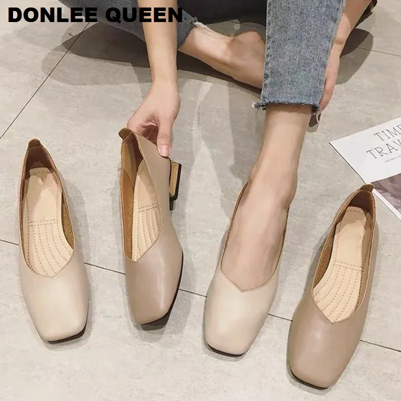 New Spring Flats Shoes Women Wooden Low Heel Ballet Square Toe Shallow Brand Shoe Slip On Loafer zapatos de mujer big size 36-41