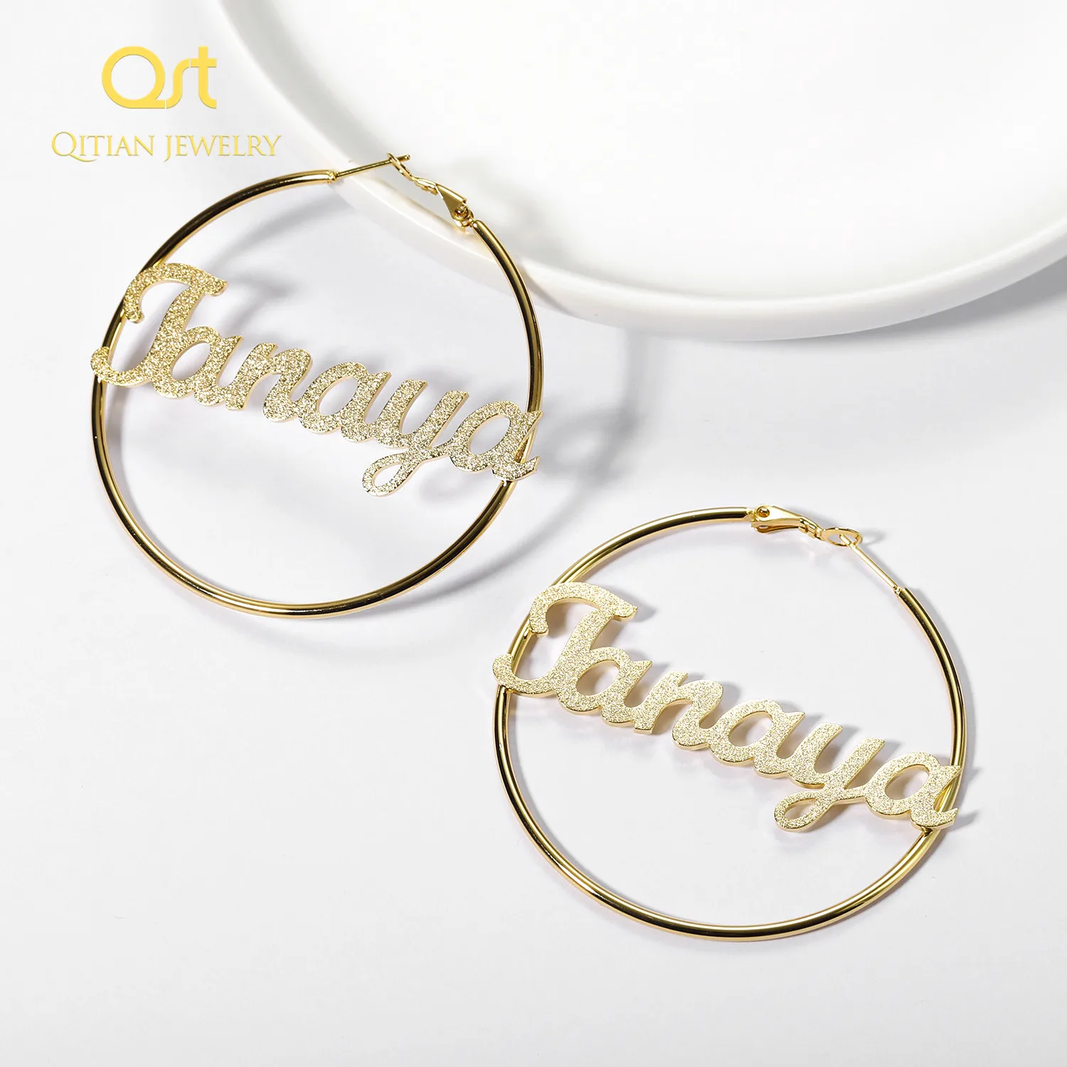 Personalised Big Sand Blasting Earrings Custom Stainless Steel Frosted Hoop Earring  for Women Nameplate Jewelry Girl Gifts