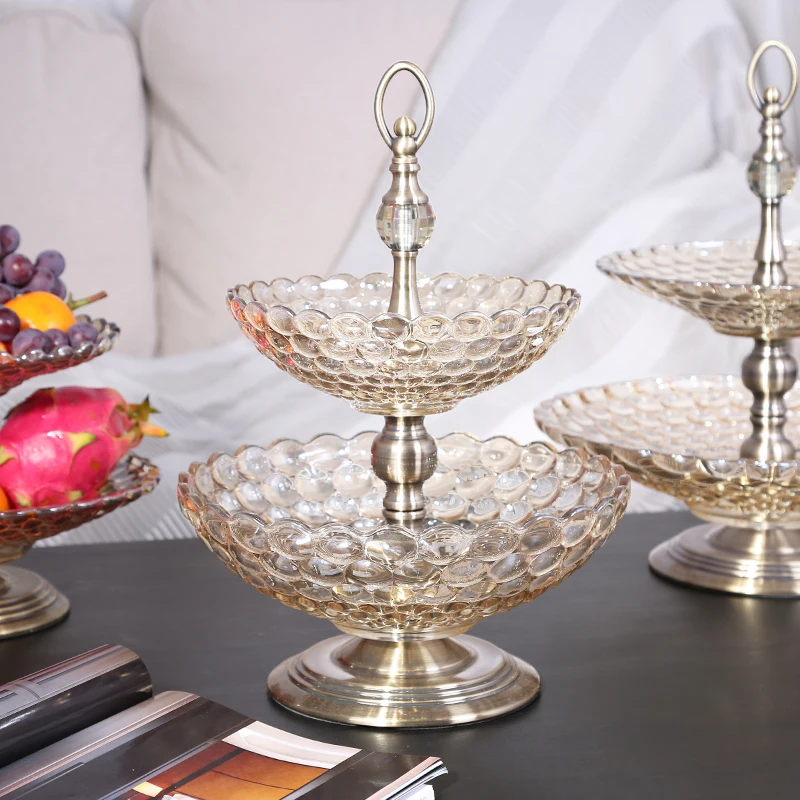 

1 Set Europe High quality golden Double layer Crystal glass fruit tray Candy tray Dessert plate snacks Candy dish Tray