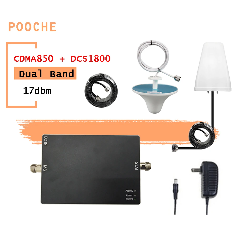 

POOCHE 17dBm CDMA850 DCS1800 Dual Band Cell Phone Signal Booster 850 1800 2G 3G Repeater Cover 200-300 square meters Amplifier