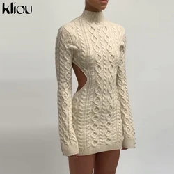 Kliou Ribbed Knitted Mini Dress Women Elegant Solid Simple Sexy Backless Buttons Sheath Skirt Long Sleeve Cleavage Hot Clubwear