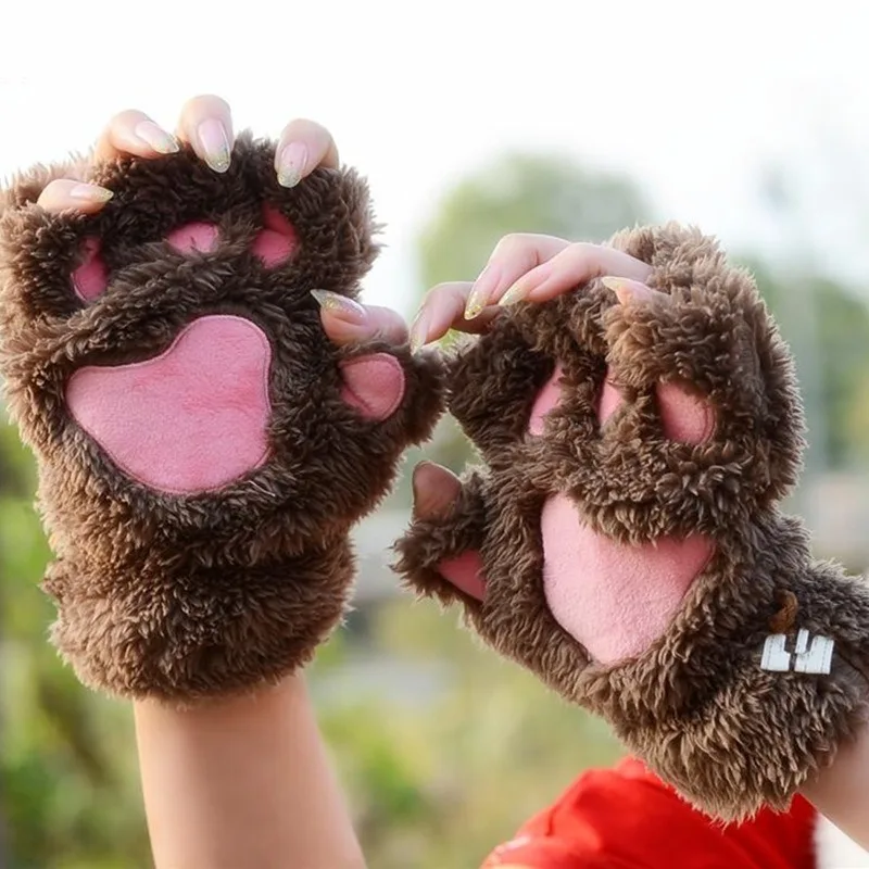 Women Cute Cat Claw Paw Plush Mittens Warm Soft Plush Short Fingerless Fluffy Bear Cat Gloves Costume Half Finger Black Gray