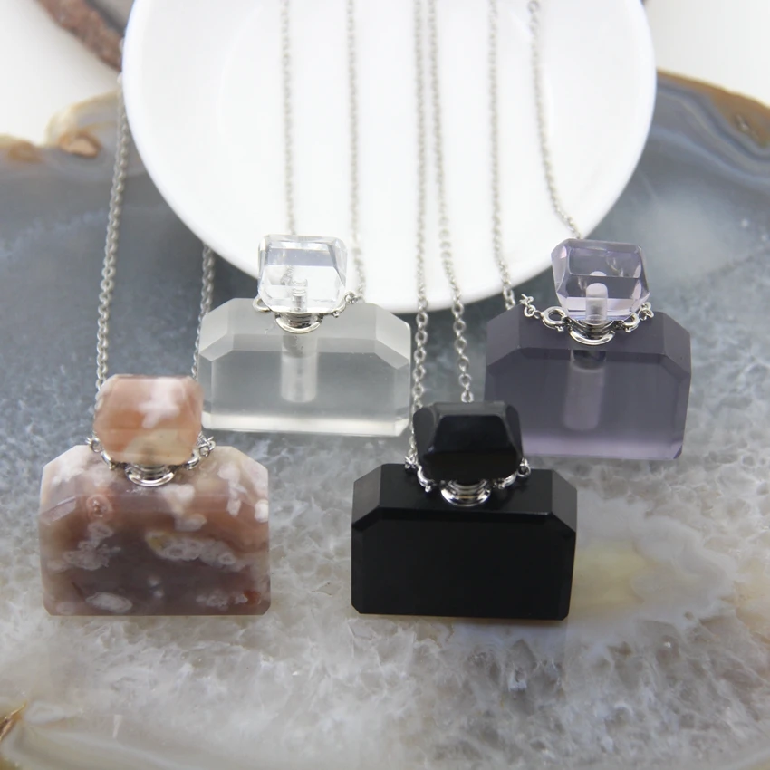 High Quality Natural Sakura Agates/Obsidian Quartz Perfume Bottle Pendant,White Crystal Essential Oil Vial Necklace Jewelry