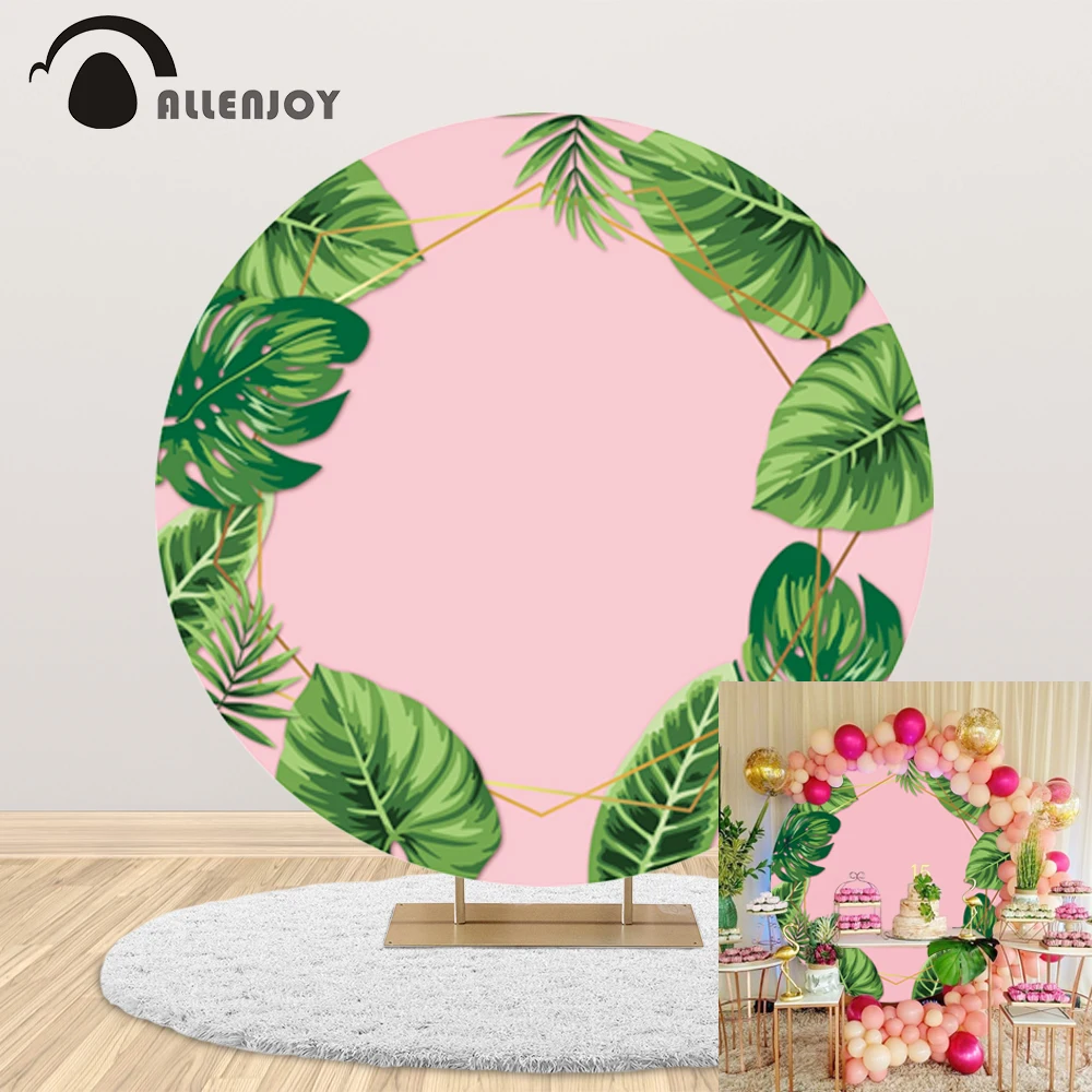 

Allenjoy summer party suppiles circle backdrops tropical leaves Flamingo vinly photophone baby shower birthday round background