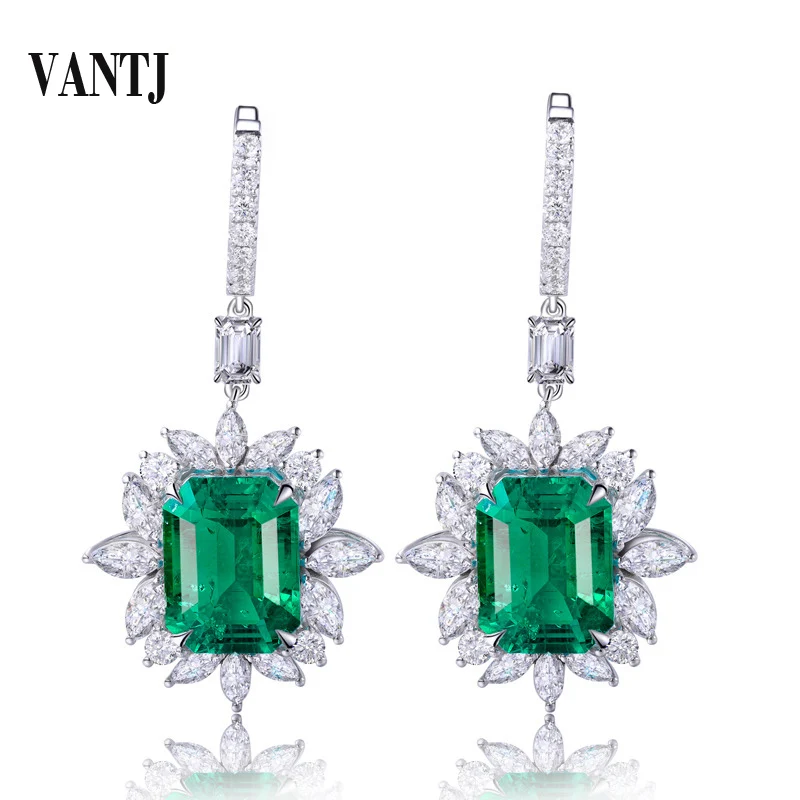 VANTJ 100% 10K Gold Lab Grown Emerald Earring Moissanite Created Hydrothermal Emerald Fine Jewelry for Women Party Wedding Gift