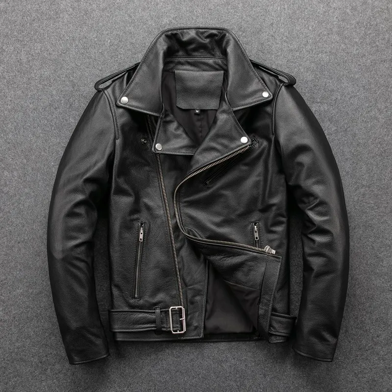 

GU.SEEMIO Classical Motorcycle Jackets Men Leather Jacket 100% Natural Calf Skin Thick Motor Jacket Winter Cowhide Coat