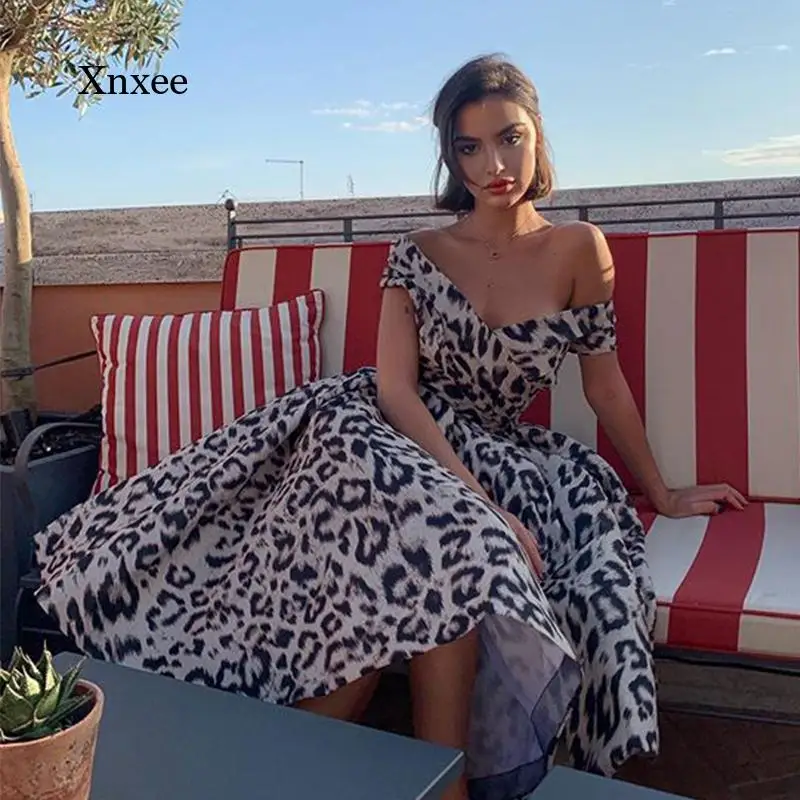 Women Fashion Black White Off Shoulder Dress V Neck Sexy Leopard Printed a Line Midi Dresses Loose Party Vestidos Mujer Robe