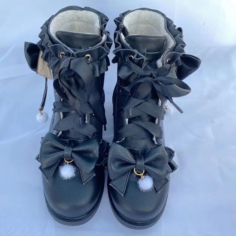 Vintage رئيس مستديرة الدانتيل كشكش bowknot kawaii الأحذية أفخم الدفء النساء أحذية loli تأثيري الشتاء الحلو لوليتا الأحذية