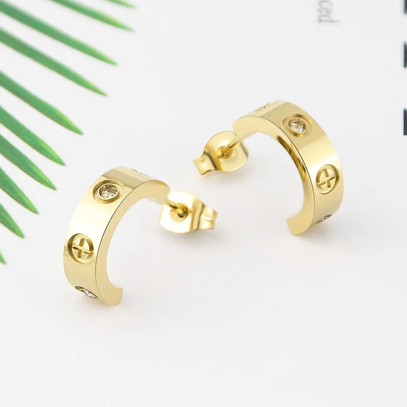 Classic Luxury Jewelry C Shape Cross Screw Stud Earring For Women And Men Titanium Steel Top Quality Love Earrings Couple Gifts