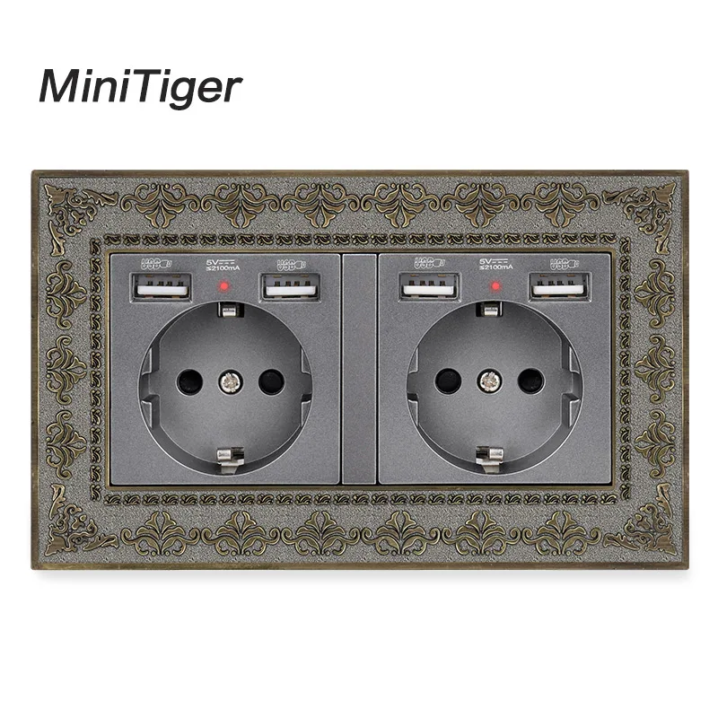 

Minitiger 2 Gang Russia Spain EU Standard Wall Socket With 4 USB Charge Port Hidden Soft LED Indicator Vintage Zinc Alloy Frame