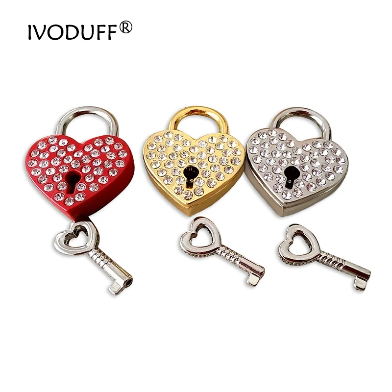 3 Colors Rhinestone Diamond Love Heart Padlock Lock Key For Luggage Decoration