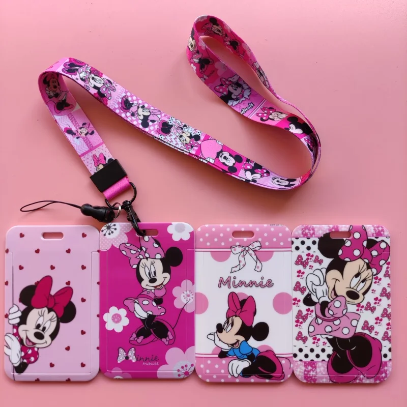 Disney mickey minnie mouse id titular do cartão cordão meninas credential suportes pescoço cintas feminino crachá titular chaveiros acessórios