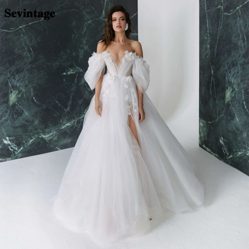 Sevintage Hoge Kant Split Trouwjurken V-hals Puffy Mouwen Baljurk Brides Gown Kant Applicaties 3D Bloemen Prinses Jurk