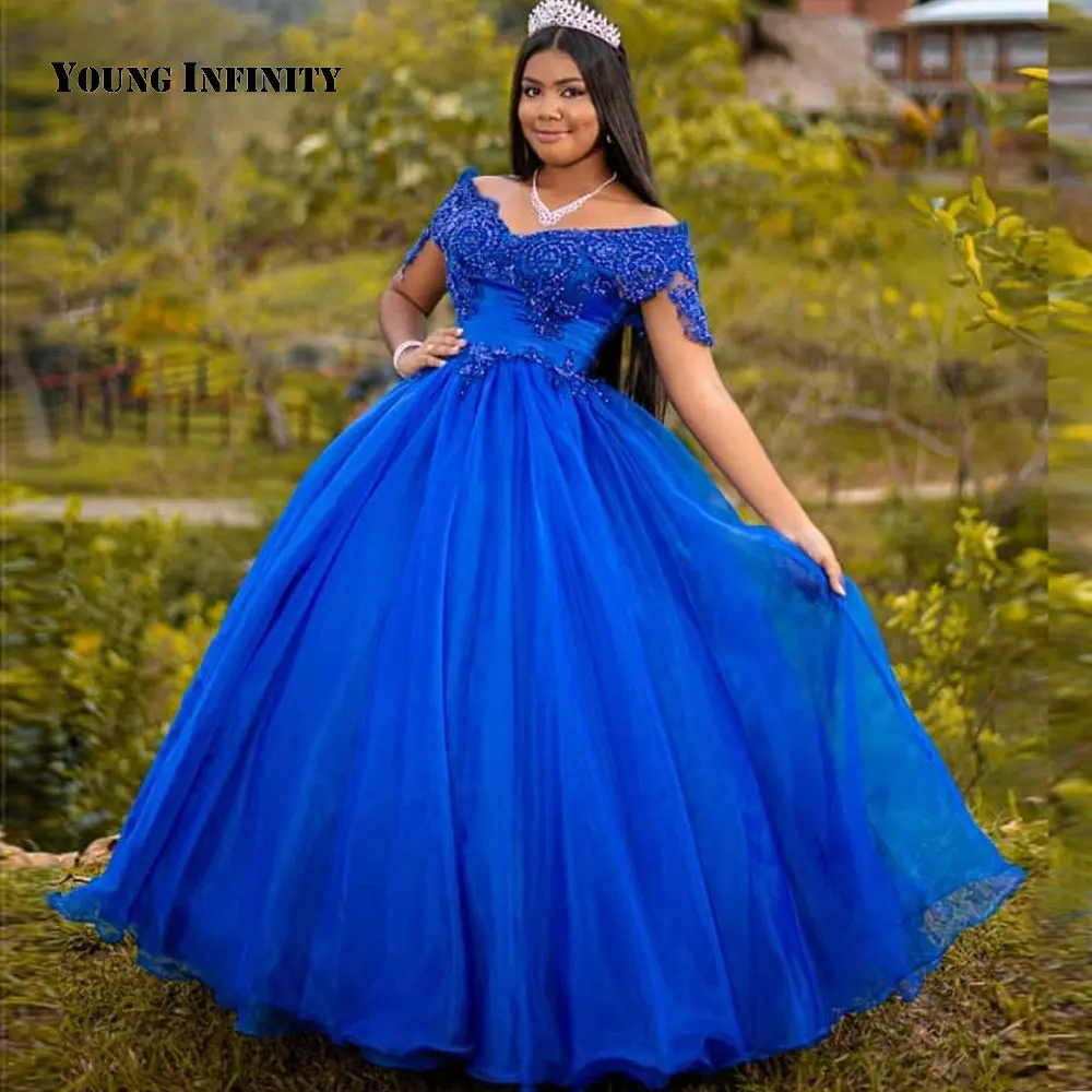 Auf Verkauf Blau Bodenlangen Quinceanera Kleider Tüll Kappen-hülsen Spitze Appliques Perlen Sweep Zug Ballkleid 2021 Party Kleid