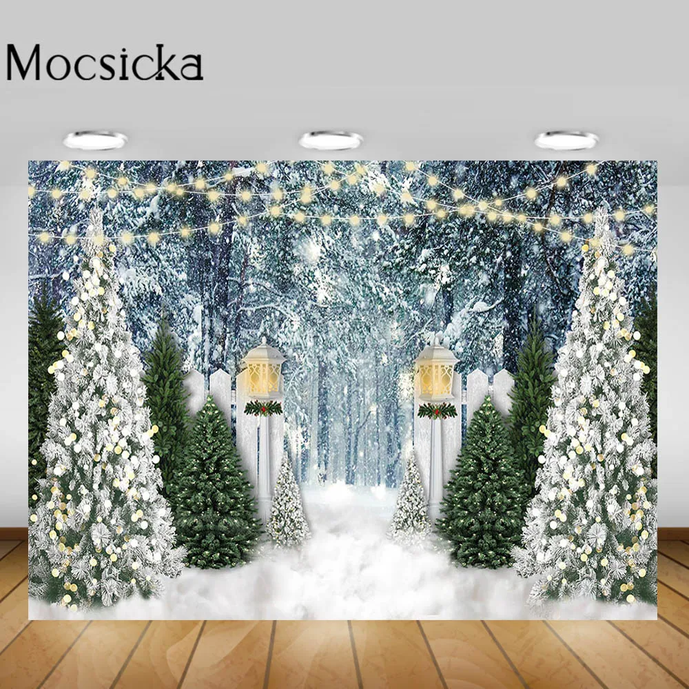 Mocsicka Winter Forest Photography Backdrop Snow Scene Snowfield Pine Tree Snowflake Photo Background for Photo Studio Photocall