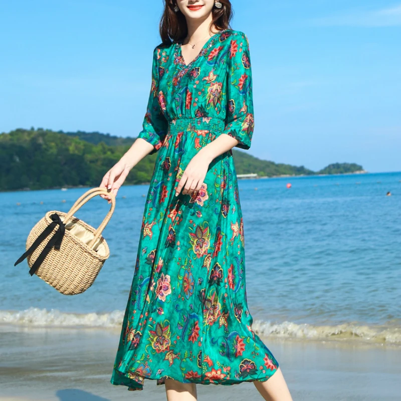 Long Summer Dress Women Silk Elegant Party Dress Beach Slim Dresses Vintage Dresses Print Floral Vestidos Verano LWL1536