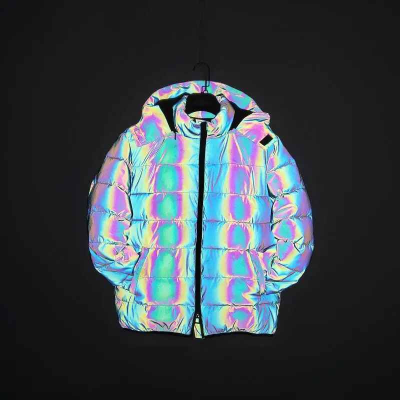 Winter Jacket Men Thick Rainbow Reflective Jackets Parka Coat Fashion Young Hip Hop Loose Jacket Streetwear Outwear Men Clothes