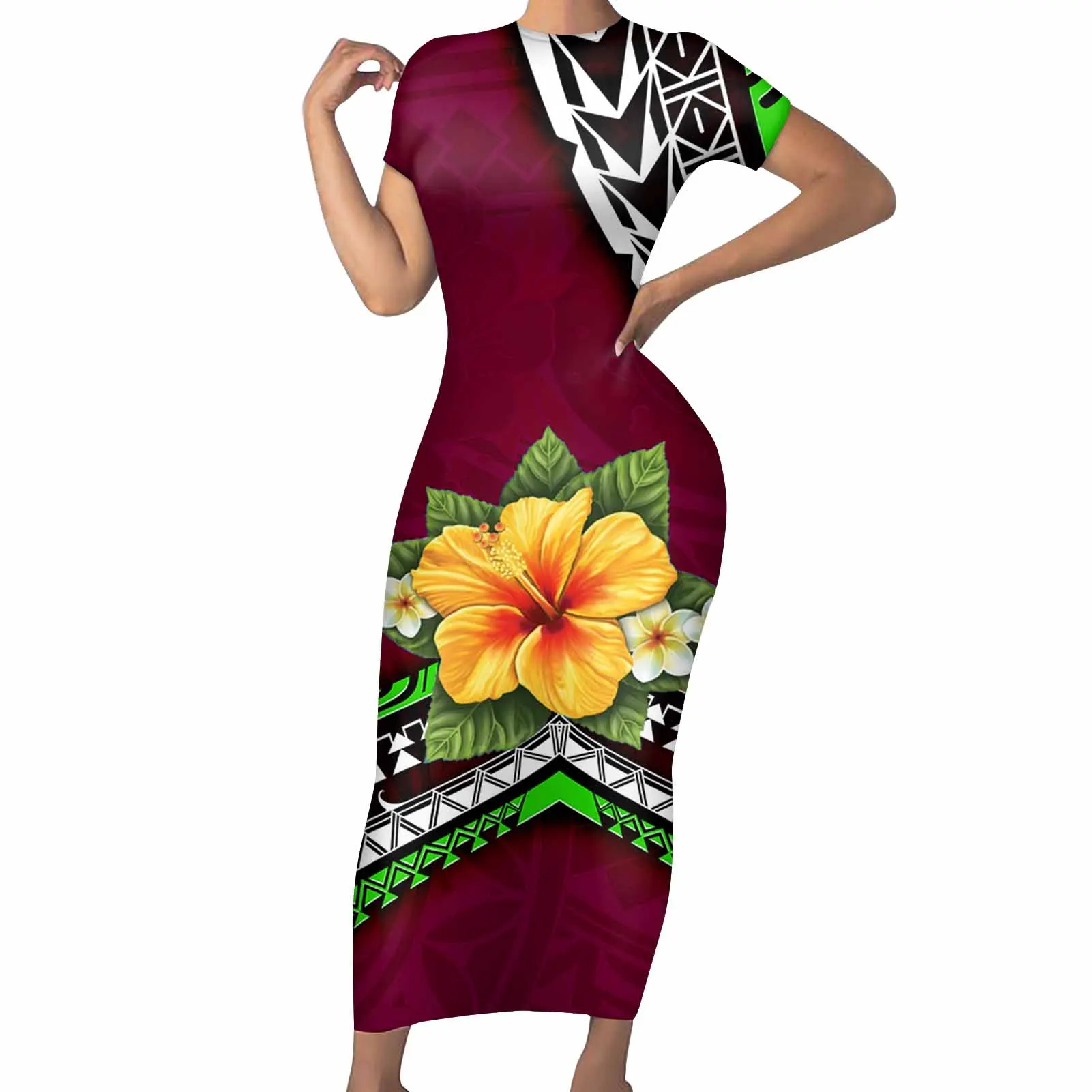 HYCOOL Polynesian Women's Stylish Dress Polynesian Tribal Hawaiian Flower Sexy Bodycon Dress Casual Dress with Short Sleeve