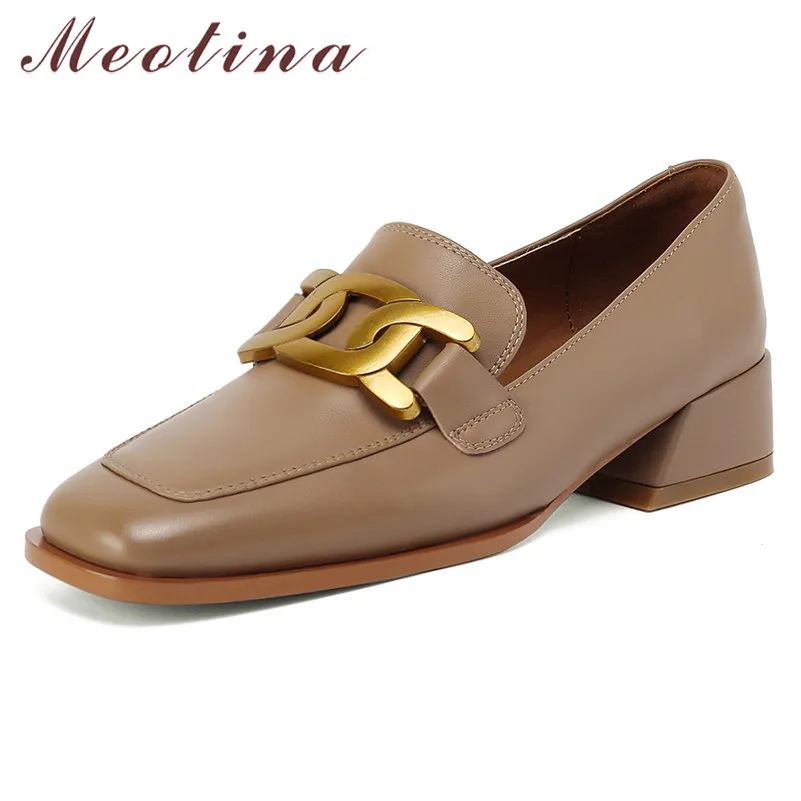 Meotina Med Heels Genuine Leather Women Shoes Block Heel Loafers Shoes Metal Decoration Square Toe Pumps Slip On Ladies Footwear