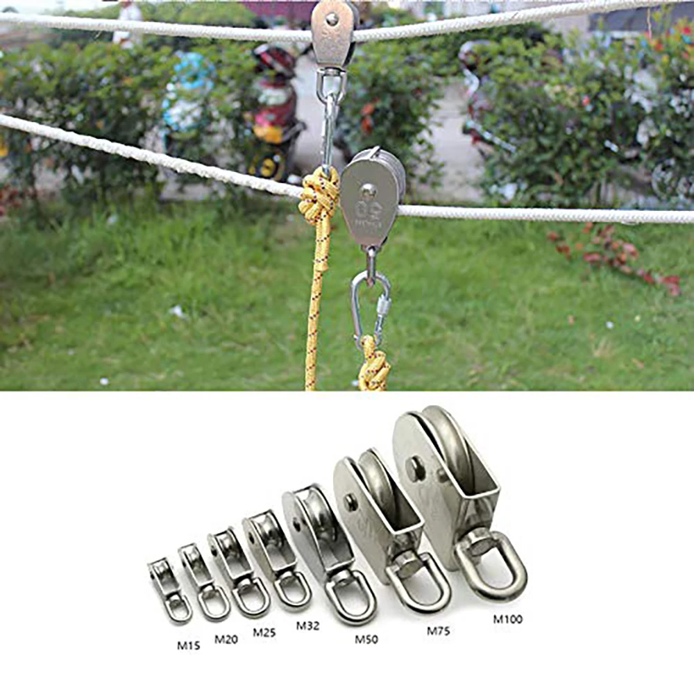 1Pack M15 Lifting Single Pulley Roller 304 Stainless Steel Heavy Duty Single Wheel Swivel Lifting Rope Pulley Block