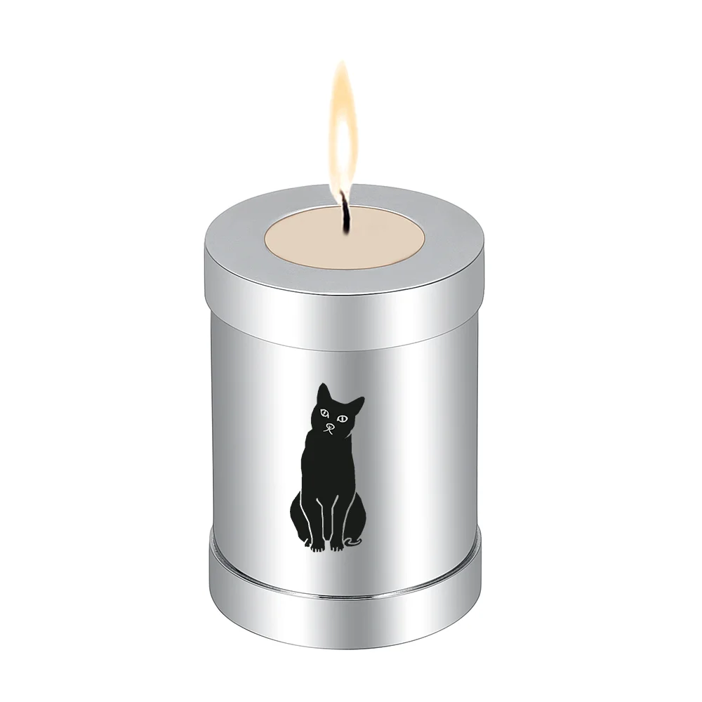 

IJU045 Cute Cat Cylinder Free Engrave Ashes Urn for Human Pet Memorial Candle Holder Cremation Jar