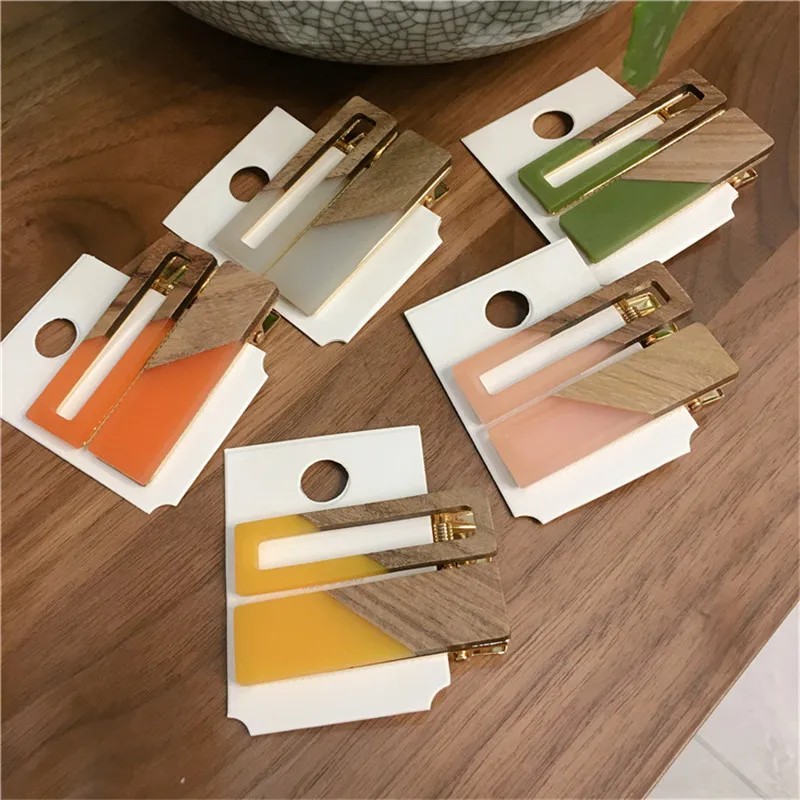 2pcs / set Candy Color Patchwork Geometric Wood Acrylic Hair Clips Women Girls Hollow Waterdrop Hairpin Barrettes Hair Accessory