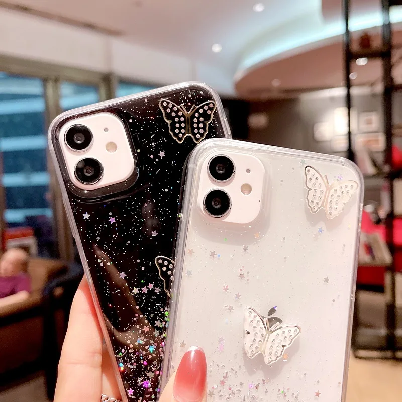 Gradient Flashing Diamond Butterfly Phone Case For OPPO Find X3 X2 F19 F17 F15 F11 F7 F9 F5 Pro Plus Lite Neo Transparent Cover