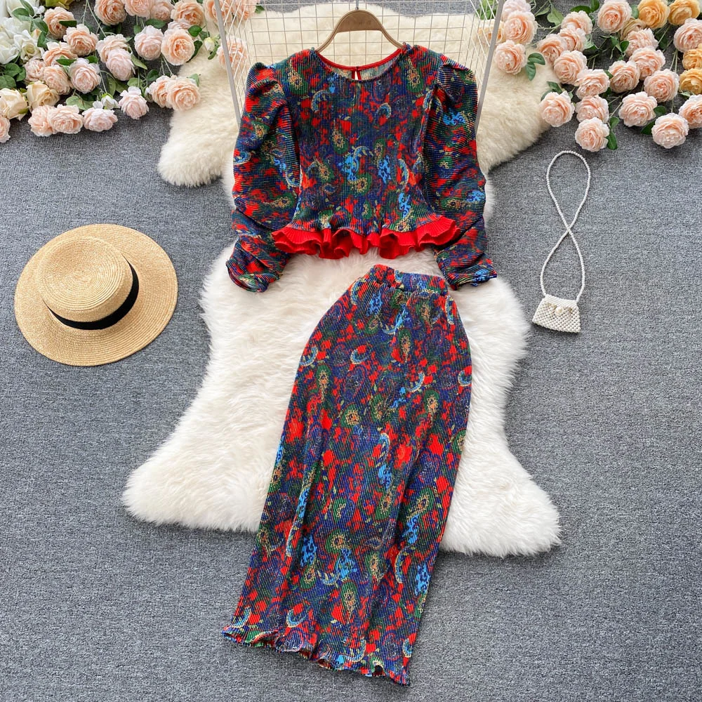 Vrouwen Tweedelige Set Vintage Bloemenprint Puff Mouwen Trui Tops En Elastische Taille Geplooide Rok Suits Fashion Kleding Sets