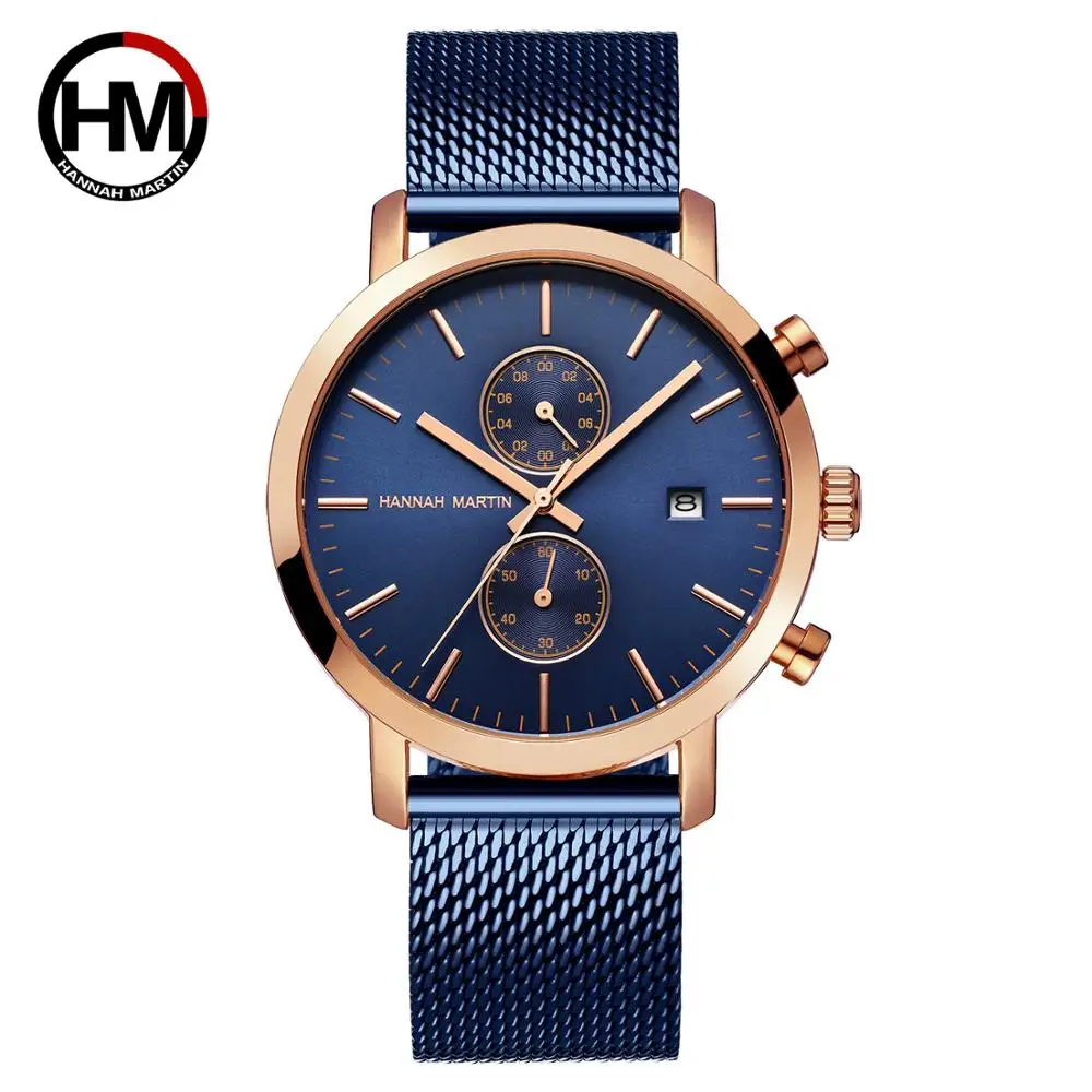 Black Multifunction Chronograph Stainless Steel Mesh Band Waterproof  Men Big Dial Top Brand Luxury Watch Men Fashion Watches