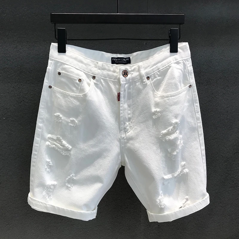 Summer Denim Off White Shorts Ripped Holes Black Half Jean Boys Popurlar Scratched Korean Distressed Plus Size 38 40 42 Trousers