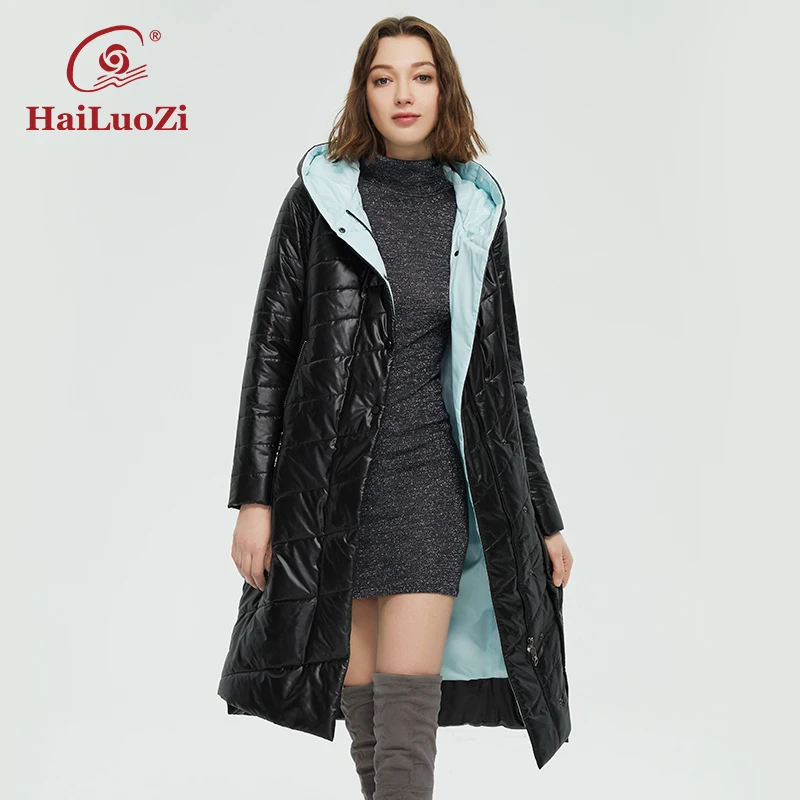 HaiLuoZi 2022 New Women’s Spring Autumn Jacket Long Coat Women Belt Knee Irregular Hem Opened Design Hooded Casual Parka 73