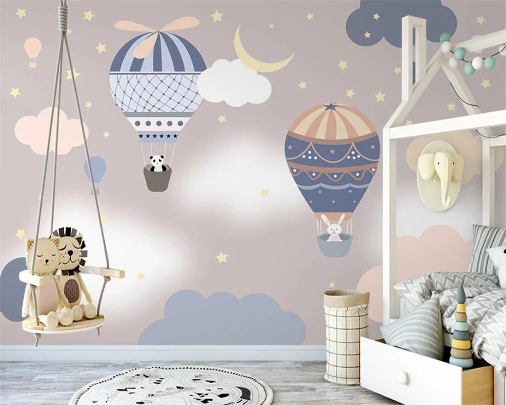 

beibehang Customized Nordic hand-painted small animal hot air balloon children's room interior background wallpaper papier peint