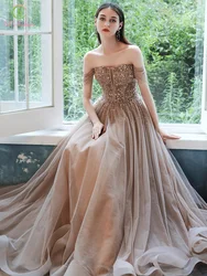 Customized Luxury Sequins Champagne Evening Dress Banquet Elegant Boat Neck Beading A-line Prom Formal Gown Vestidos De Noche