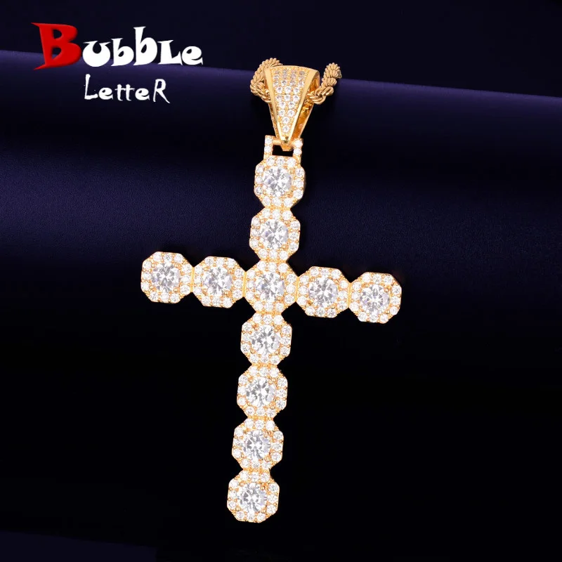 Bubble Letter Cross Necklace & Pendant Gold Color AAA Cubic Zircon Men\'s Hip Hop Rock Jewelry