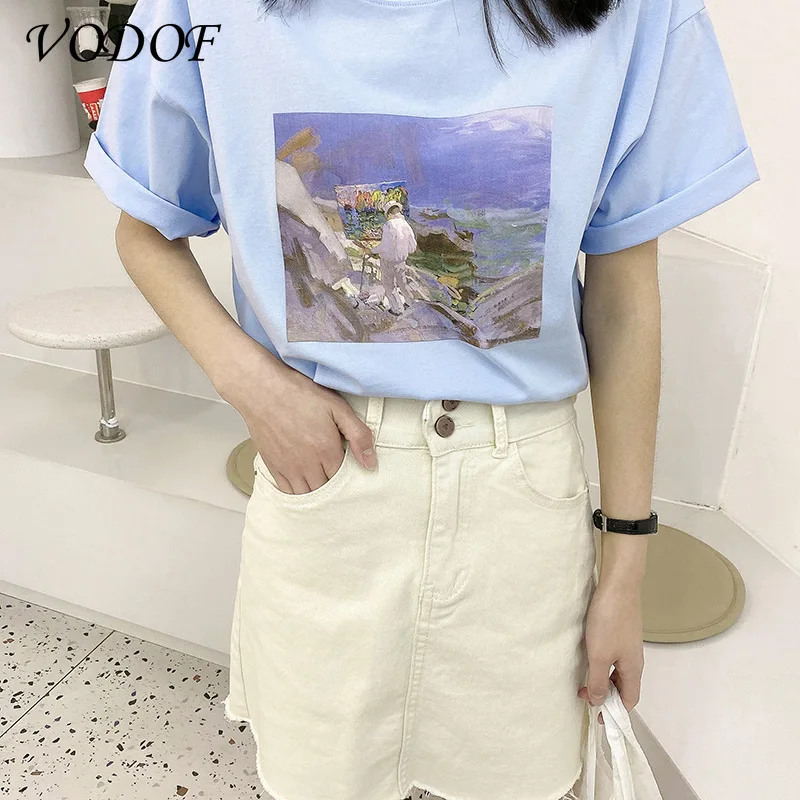 Oil Painting Printed Women's Cotton T-shirt Summer Round Neck Short-sleeved Loose Blouse Art Print Casual Straight Hair 2021