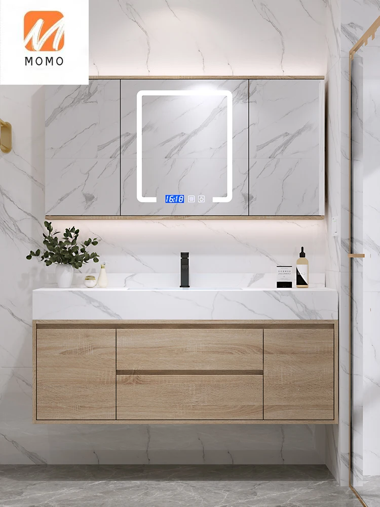 Light Luxury Stone Plate Bathroom Cabinet Combination Smart Folding Feng Shui Mirror Cabinet Hand Washing Washbasin Japanese