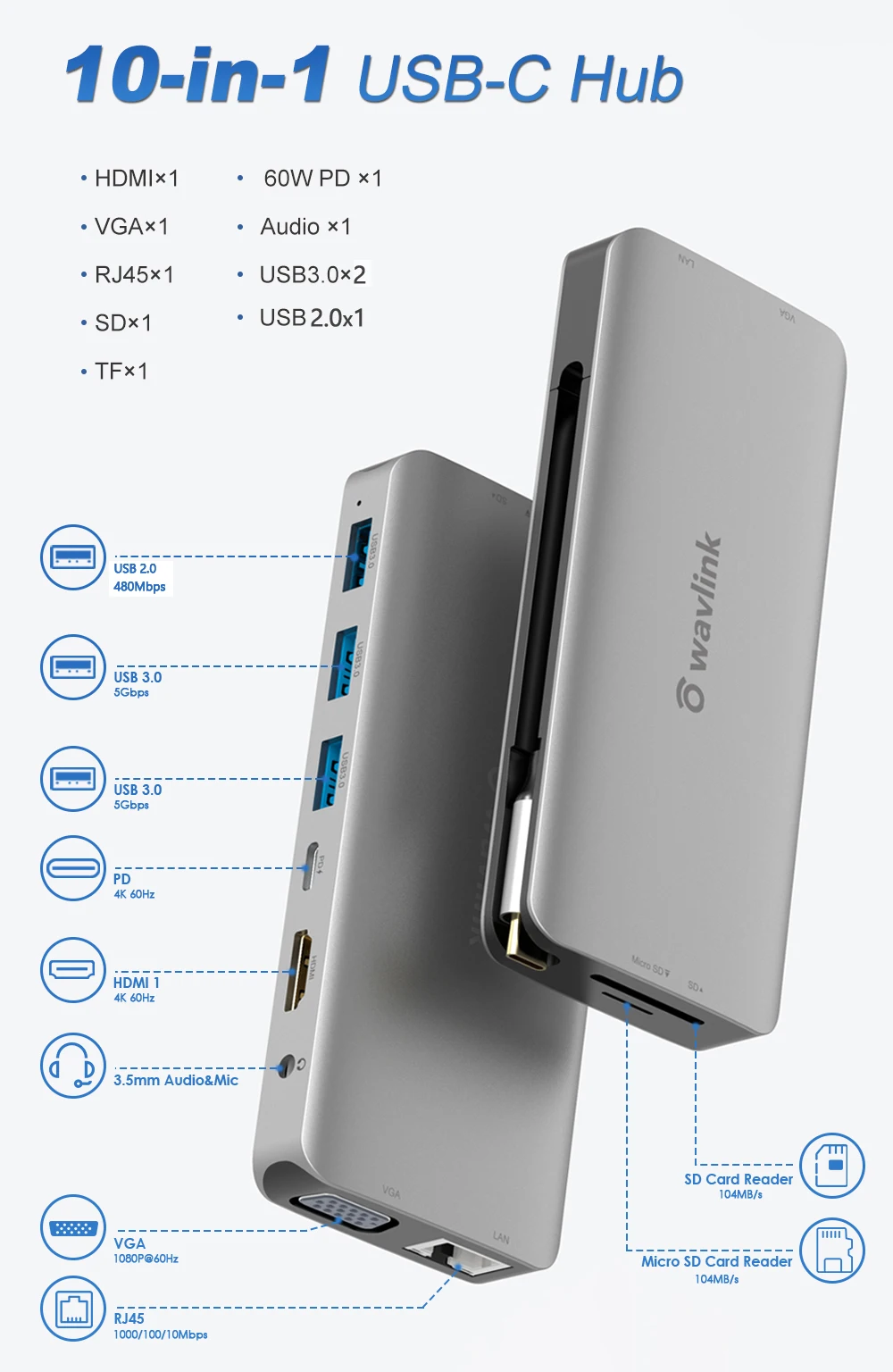 Wavlink USB C Hub Type-C To HDMI-Compatible/VGA 4K @30Hz USB 3.0 Adapter RJ45 PD Type C 3.1 Splitter For MacBook Pro Air Laptop